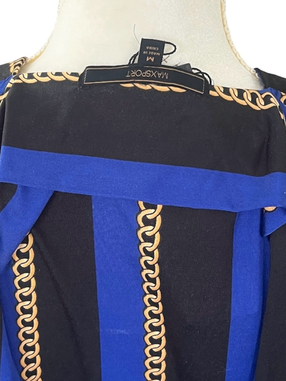 NWT MaxSport Chain Print Pattern Neck Tie Long Sleeve Cobalt Blouse Size Medium - Picture 12 of 13